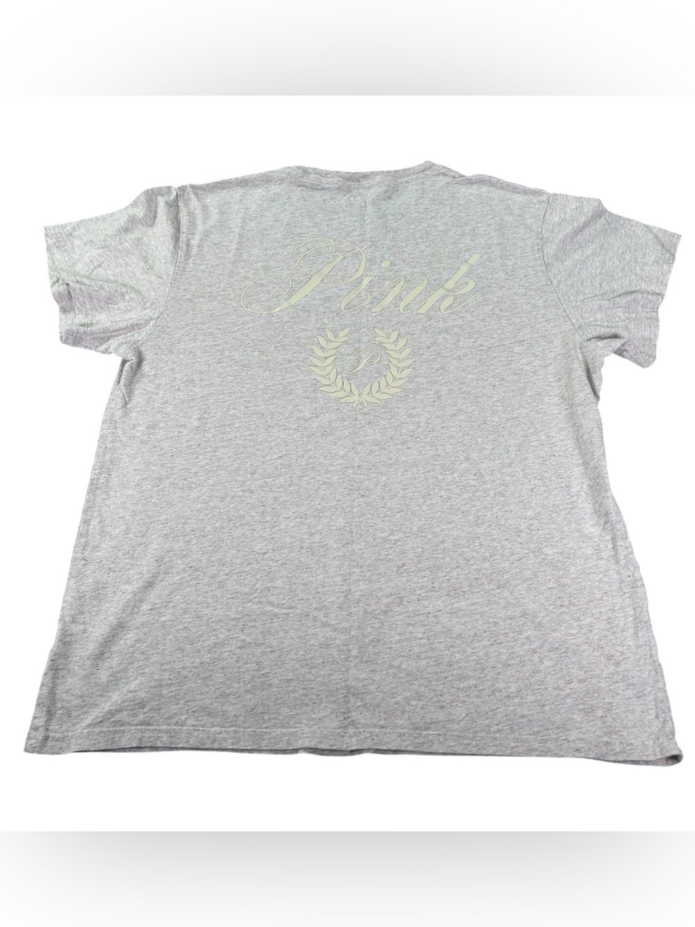 PINK Victoria’s Secret Laurel Wreath Logo Tee Women’s L Gray Script Back Preppy